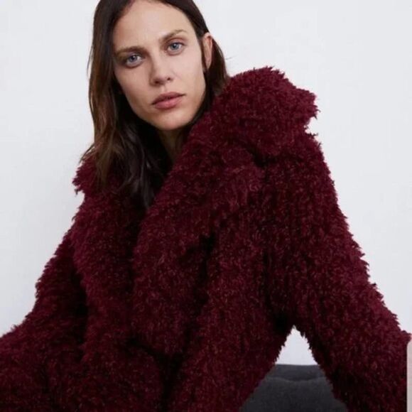 Zara Burgundy Teddy Coat XS - Picture 2 of 8